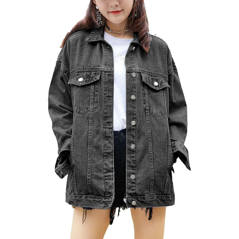 Women's Oversized Mid Long Denim Jacket Jean Biker Coat Long Sleeves Grey